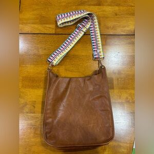Ah-dorned Brown Leather Crossbody Shoulder Bag with Colorful Strap